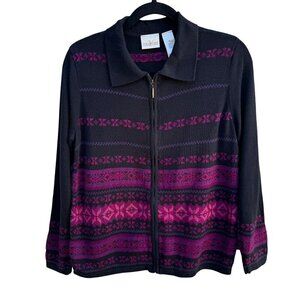 Villager By Liz Claiborne Womens Black Pink Polo Collar Knit Zip Sweater Jacket